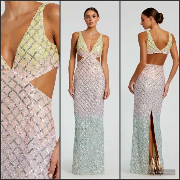 MAC DUGGAL  6049 Multicolor V Neck Ombre Beaded Gown With Side Cut Outs - Picture 1 of 11